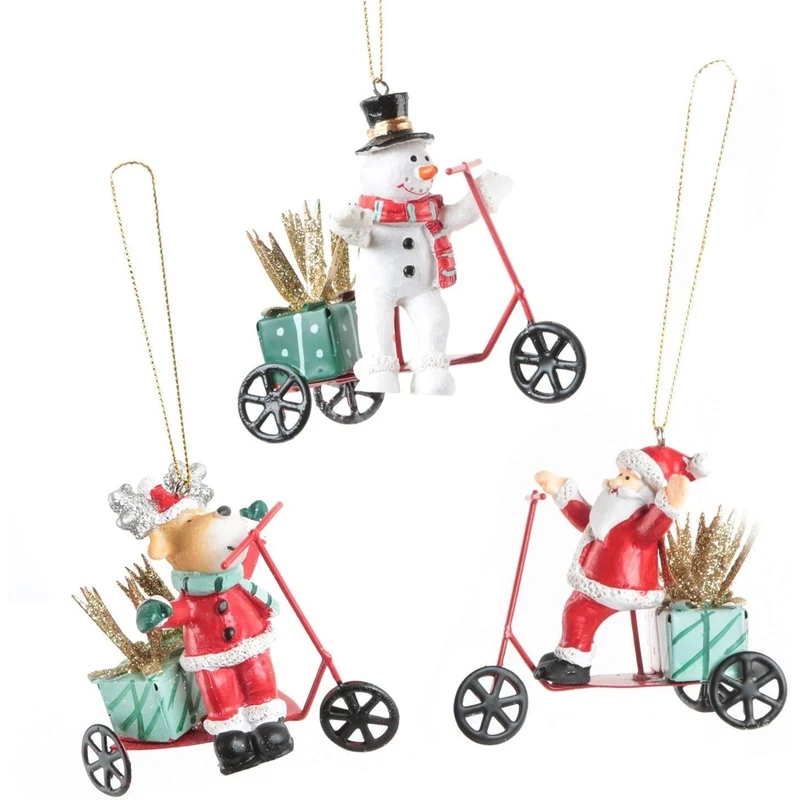 3 Weihnachtsanhänger - Schneemann + Rentier + Weihnachtsmann auf Roller