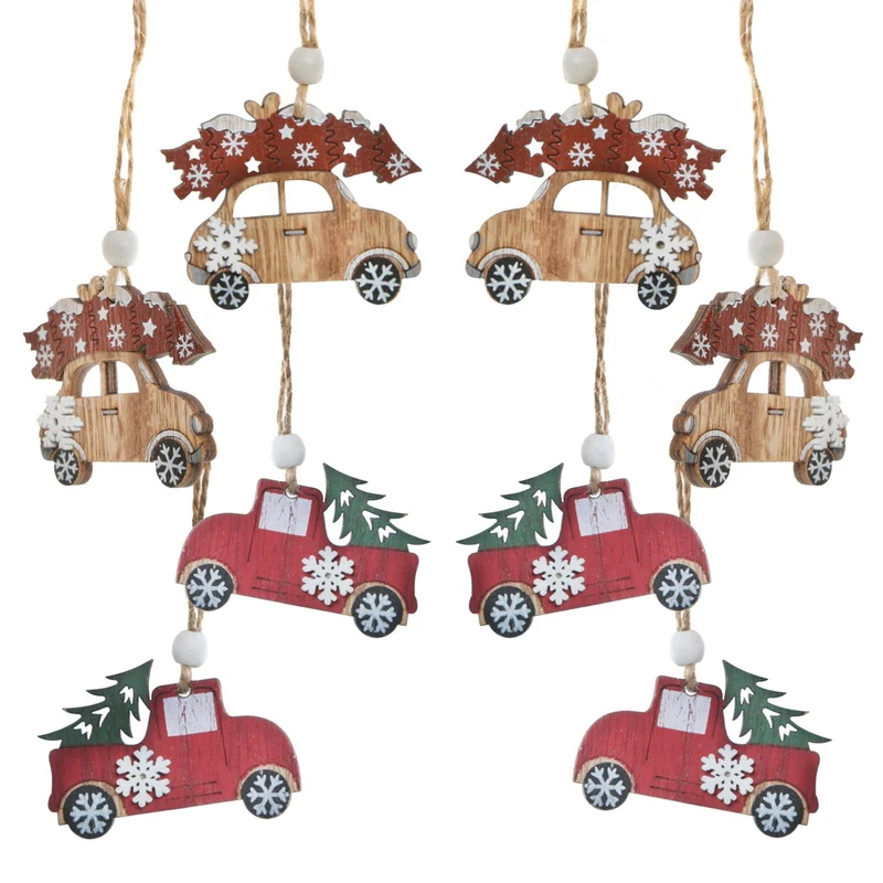 8 kleine Autos - rot grün natur aus Holz - als Weihnachtbaumanhänger