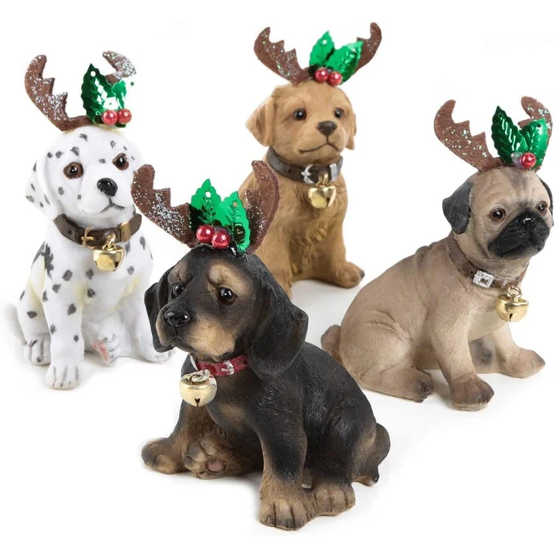4 weihnachtliche Hunde Figuren mit Geweih - 11 cm braun schwarz weiß