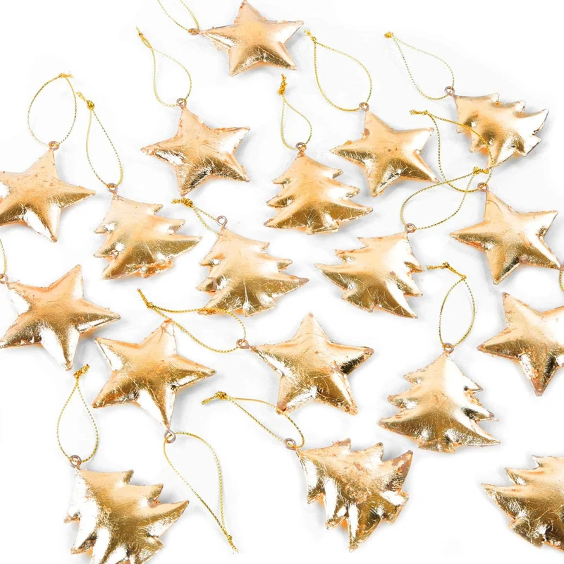 18 kleine Weihnachtsanhänger Sterne + Bäume aus Metall Gold glänzend