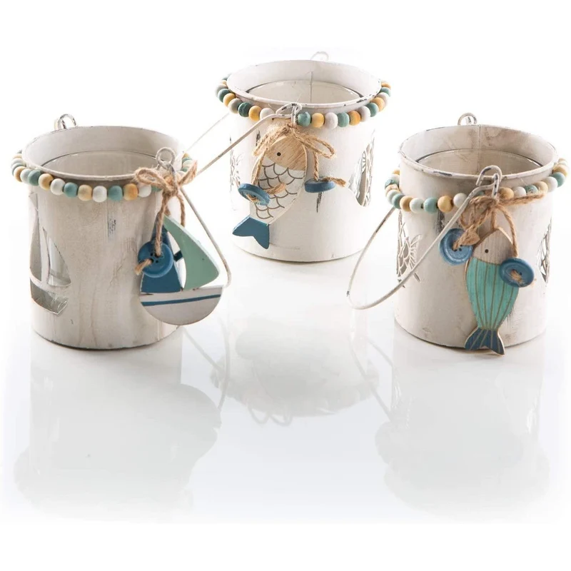 3 maritime Windlichter aus Metall und Glas - Fische + Segelboot