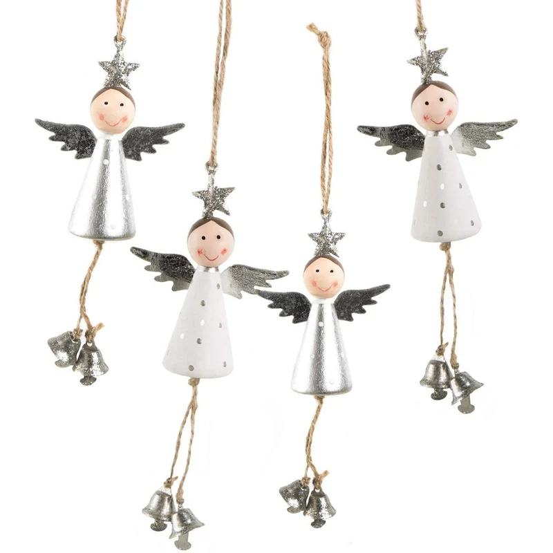 4 Engelanhänger Silber weiß mit Glöckchen + Stern - Holzengel zum Aufhängen