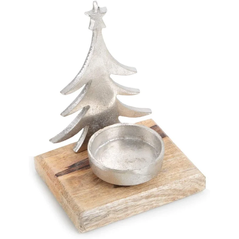 Weihnachtlicher Teelichthalter aus Holz + Metall - Silber braun