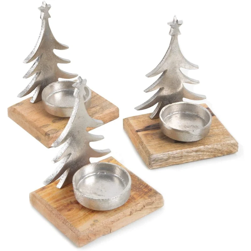 Logbuch-Verlag 3 weihnachtliche Teelichthalter aus Holz + Metall - Tannenbaum Windlicht Kerzenhalter Silber braun - Geschenkidee Weihnachten