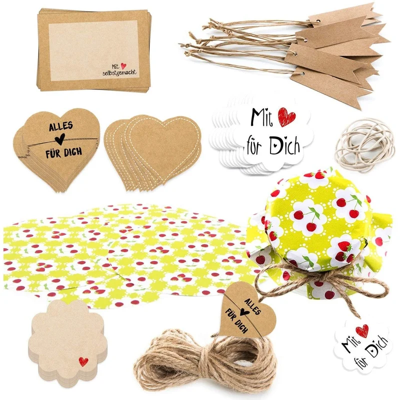 Geschenkset 81-tlg. - Schmuckdeckchen für Einmachgläser + Aufkleber + Anhänger