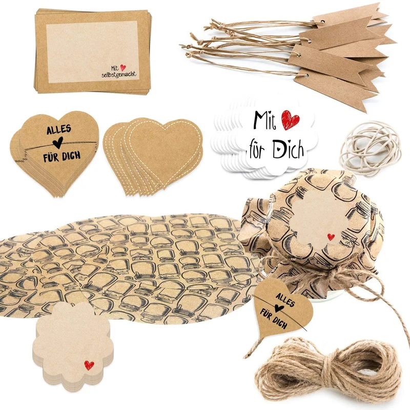 Deko Set 81-tlg. für Selbstgemachtes - Gläserdeckchen + Aufkleber + Kraftpapier-Anhänger