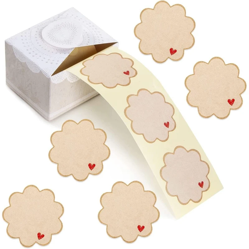 200 Etiketten auf Rolle blanko Button Blume mit Herz - 5 cm braun zum Beschriften