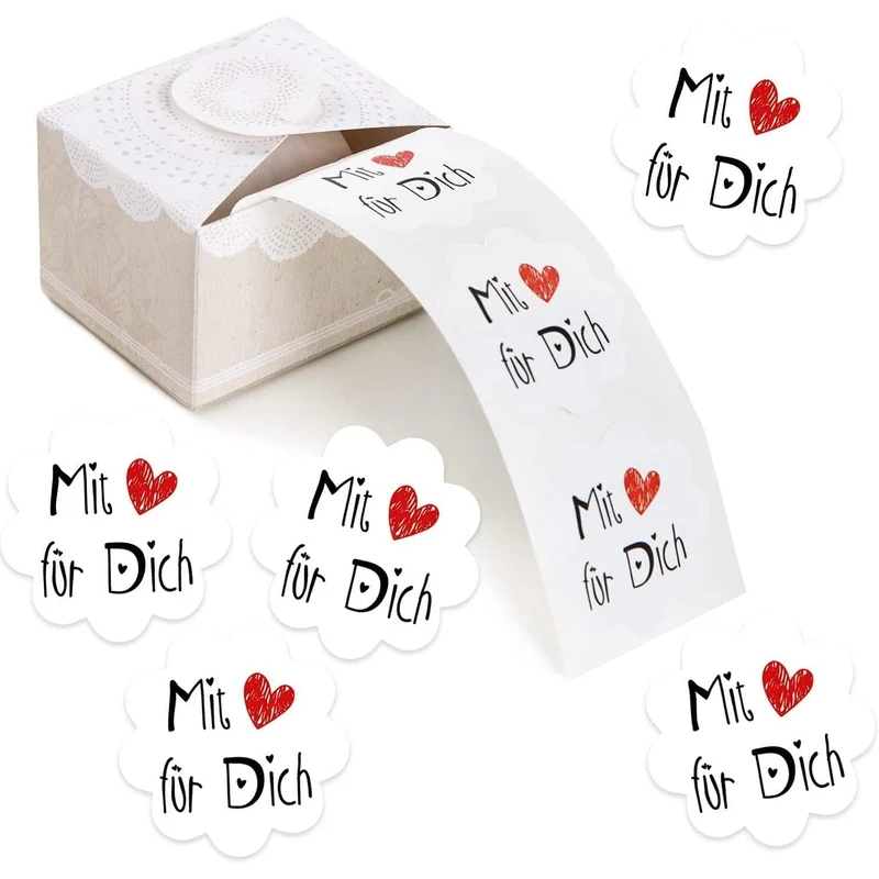 200 Aufkleber auf Rolle MIT LIEBE FÜR DICH weiß schwarz rot - 5 cm