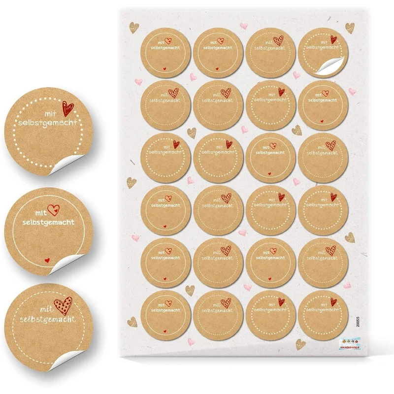 Logbuch-Verlag 24 Sticker zum Beschriften Mit Herz selbstgemacht - rund 4 cm Kraftpapier-Optik - Marmeladenaufkleber Haushaltsetiketten beschreibbar