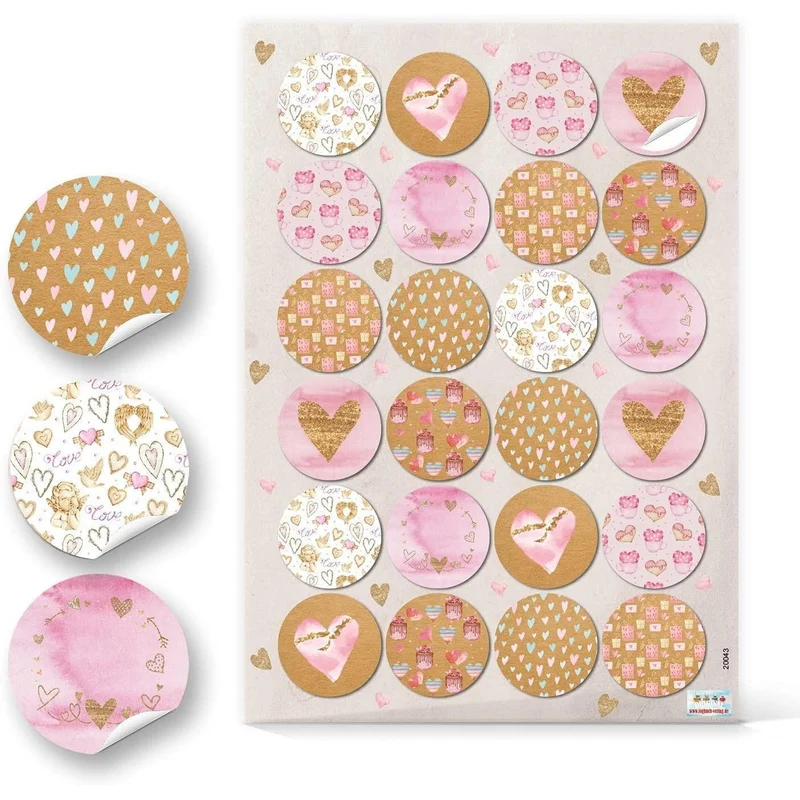 Logbuch-Verlag 24 runde Herzaufkleber 4 cm rosa braun - Herzchen Sticker - Bastelzubehör Verzierung Give-Away Mitgebsel