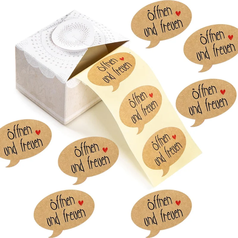 200 Geschenkaufkleber auf Rolle ÖFFNEN UND FREUEN - Kraftpapier-Optik - 5 x 3,5 cm