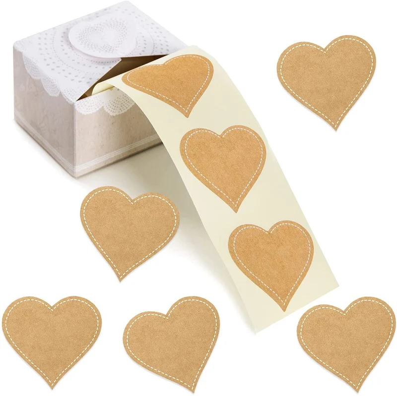 200 Herzaufkleber auf Rolle zum Beschriften - Kraftpapier-Optik - 5 cm zum Beschreiben