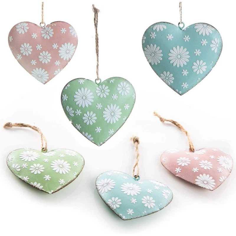 6 Herzanhänger aus Metall - Osteranhänger Set - Herzen in grün, rosa + blau