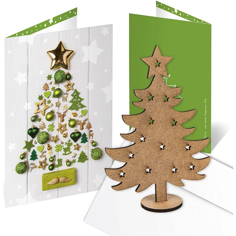 3 Weihnachtskarten mit Kuvert & Geschenk - kleiner Baum aus Holz