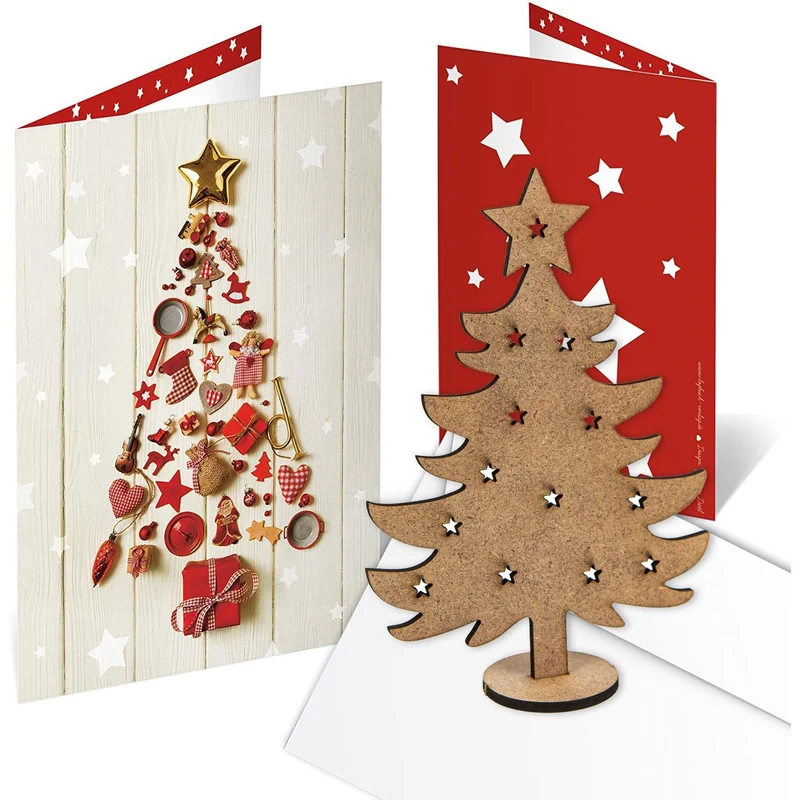 Logbuch-Verlag 10 Weihnachtskarten mit Weihnachtsbaum aus Holz + Kuvert - Grußkarten Weihnachten mit Geschenk