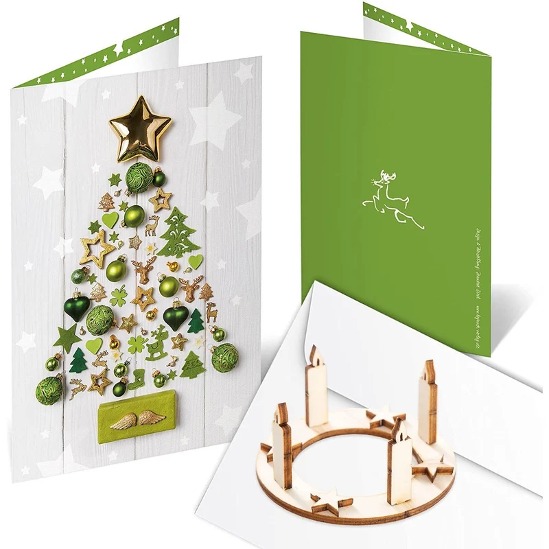 Logbuch-Verlag 3 Weihnachtskarten mit Kuvert + Mini Adventskranz aus Holz zum Stecken - Grußkarten Geschenk Weihnachten