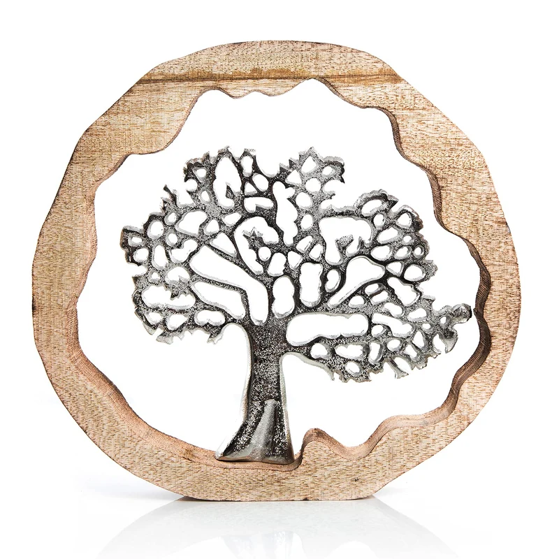 Lebensbaum Figur mit Holzrahmen braun Silber - 30 cm