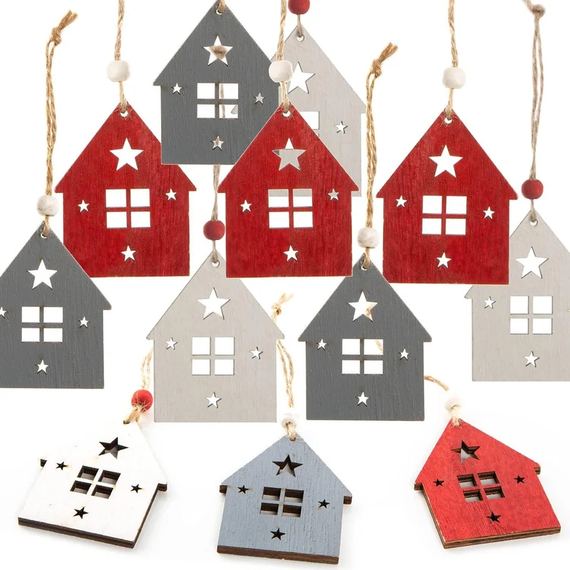 12 kleine Häuser Anhänger aus Holz - weihnachtliche Holzhäuser hängend