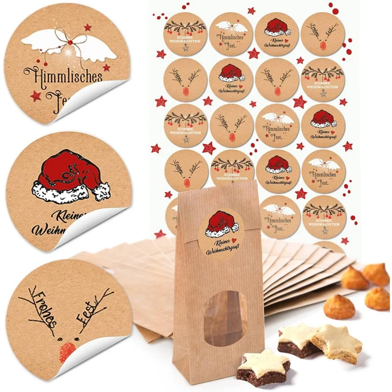 10 braune Kekstüten Plätzchentüten MIT FENSTER Weihnachtstüten mit Boden (7 x 4 x 20,5 cm) + 24 runde Aufkleber 4 cm schwarz-rot-weiß Papiertüten Weihnachts-Verpackung