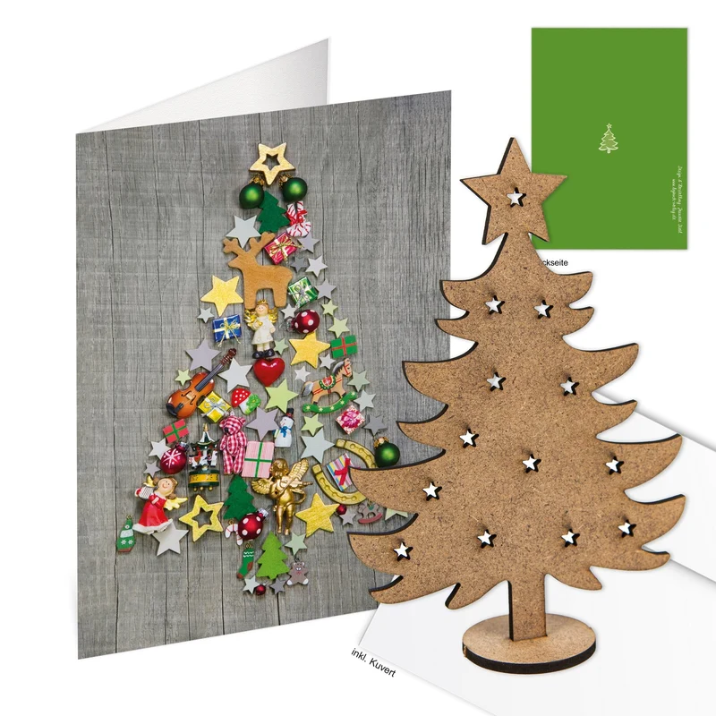 3 weihnachtliche Grußkarten mit Kuvert + Geschenk Baum aus Holz