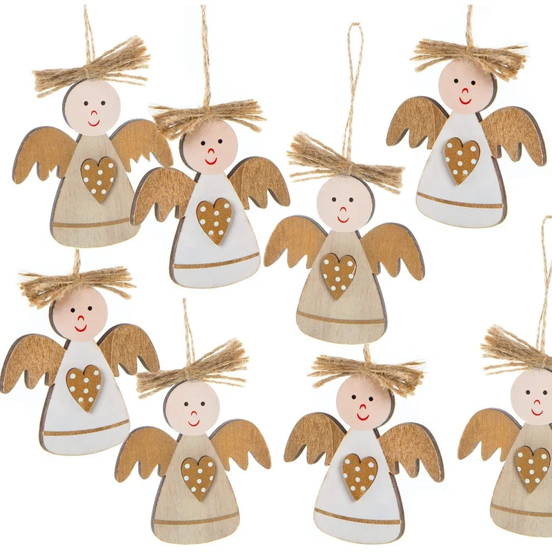8 Weihnachtsengel Anhänger aus Holz Gold Natur weiß mit Herz