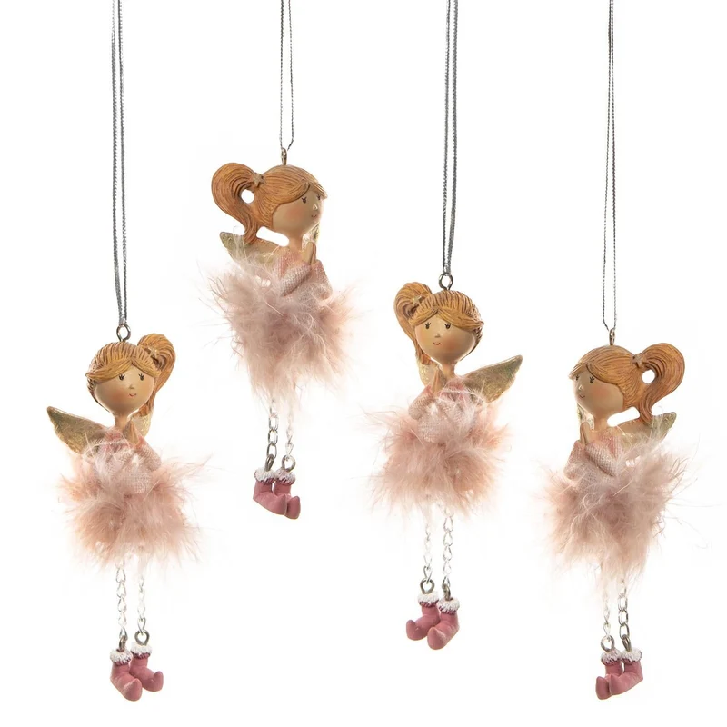 4 Engel Schutzengel Anhänger - rosa mit Federn und Schnur zum Aufhängen