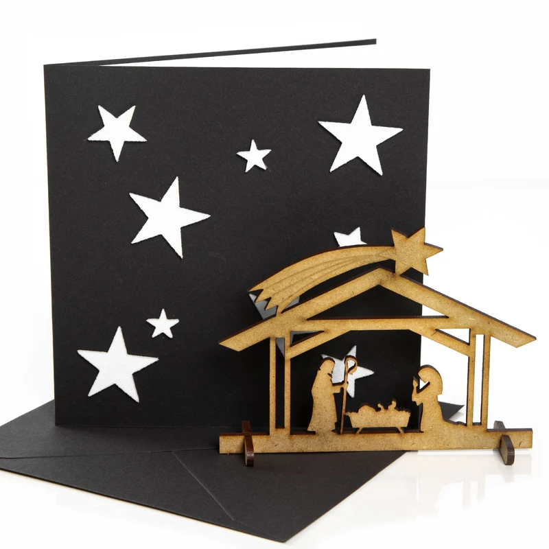 3 Weihnachtskarten schwarz weiß mit Umschlag + kleine Krippe aus Holz