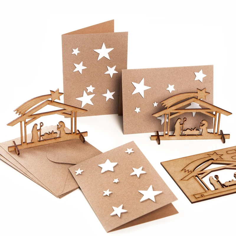3 Weihnachtsgrußkarten mit Sternen + Weihnachtskrippe aus Holz