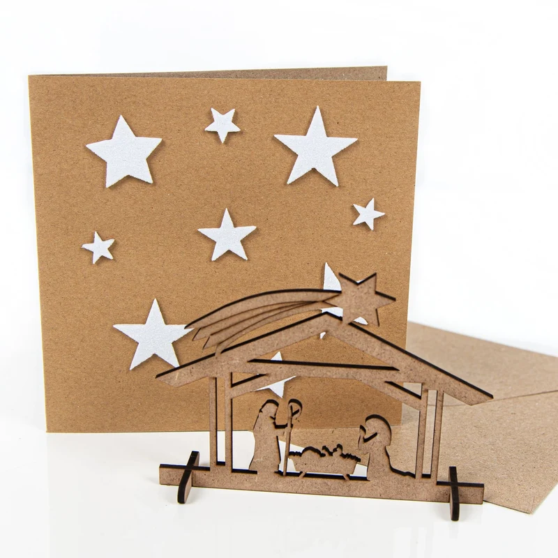 3 Weihnachtskarten mit Krippe aus Holz - weihnachtliche Grußkarten