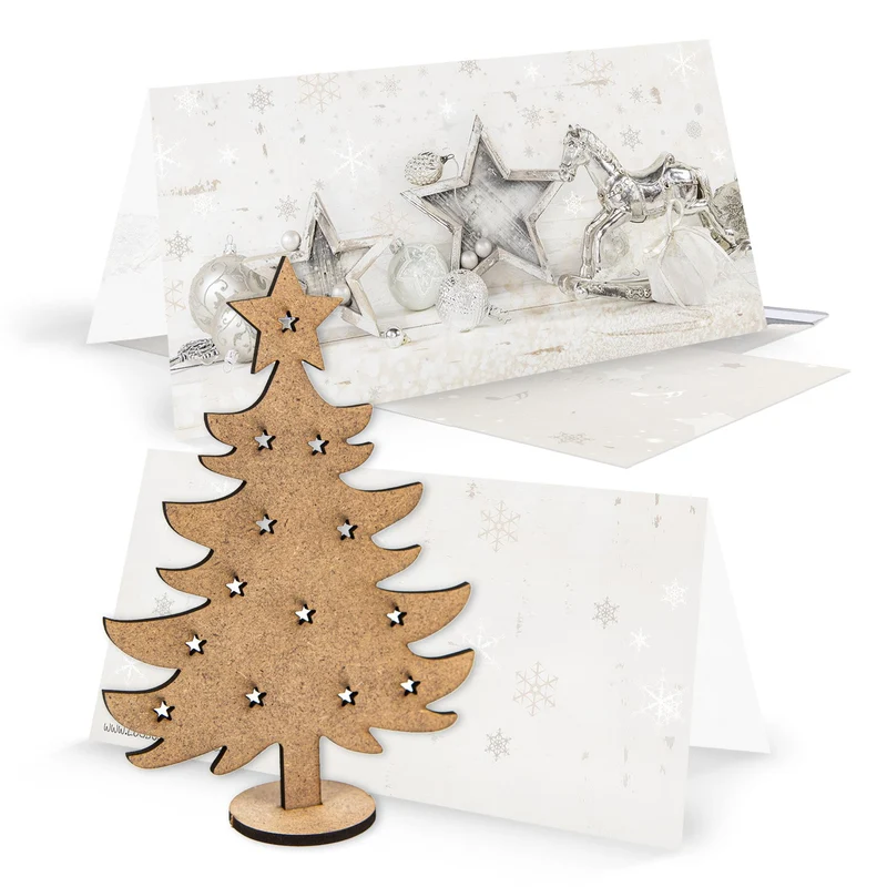 3 weihnachtliche Grußkarten silber weiß + Umschläge + Dekobaum aus Holz