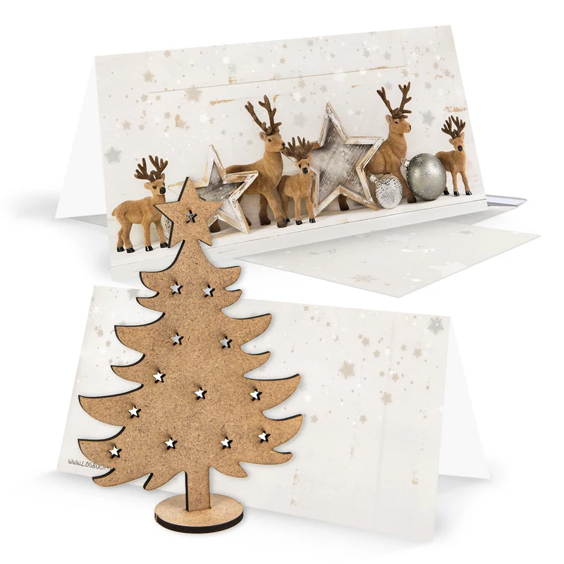 3 Weihnachskarten silber weiß mit Kuvert + Weihnachtsbaum aus Holz