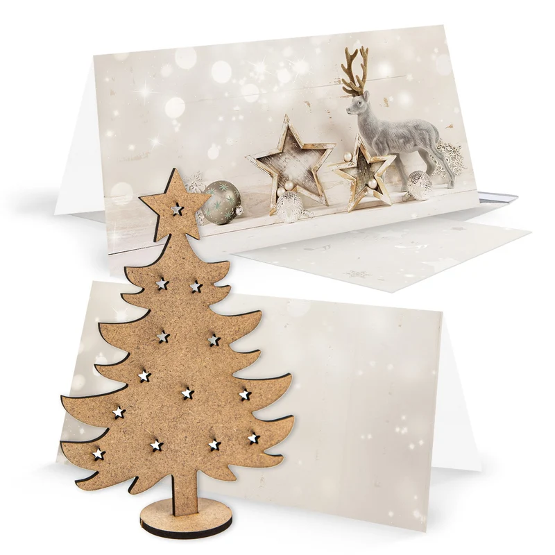 3 Weihnachtskarten silber beige mit Umschlag + kleiner Weihnachtsbaum aus Holz