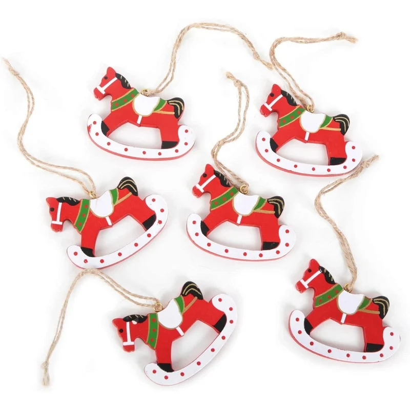 6 Schaukelpferd Anhänger 7 cm - Weihnachtsanhänger Natur aus Holz