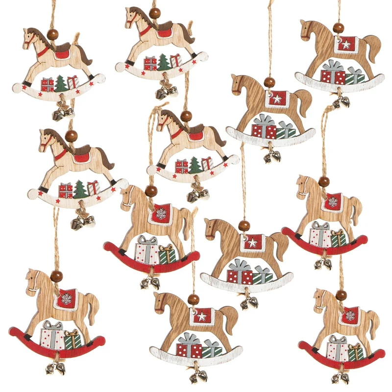 Logbuch-Verlag 12 Vintage Weihnachtsanhänger - Schaukelpferde mit Schnur zum Aufhängen braun rot - weihnachtlicher Baumschmuck