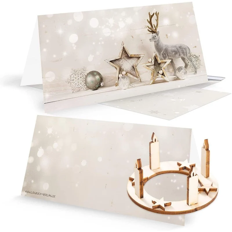 Logbuch-Verlag 3 edle Weihnachtskarten beige silber mit Mini Adventskranz + Umschlag - weihnachtliche Grußkarten DIN lang