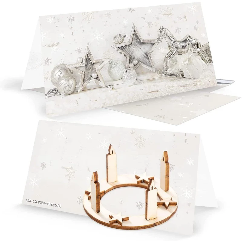Logbuch-Verlag 3 Weihnachtsgrußkarten ohne Text beige silber mit Umschlag + Miniatur Adventskranz aus Holz - Karte mit Geschenk Weihnachten