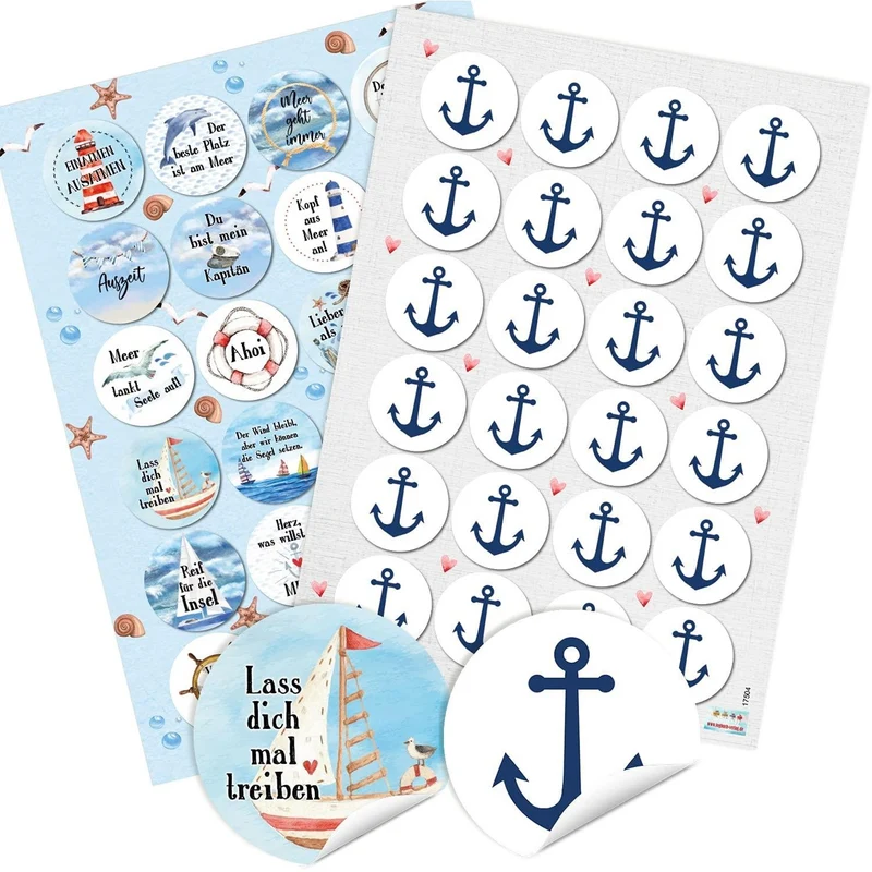 Sticker SET 24 maritime Sprüche Aufkleber + 24 Anker Aufkleber 4 cm
