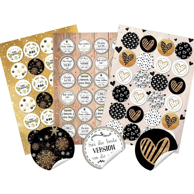 24 Sprücheaufkleber + 24 Weihnachtsaufkleber + 24 Herzaufkleber gold schwarz weiß