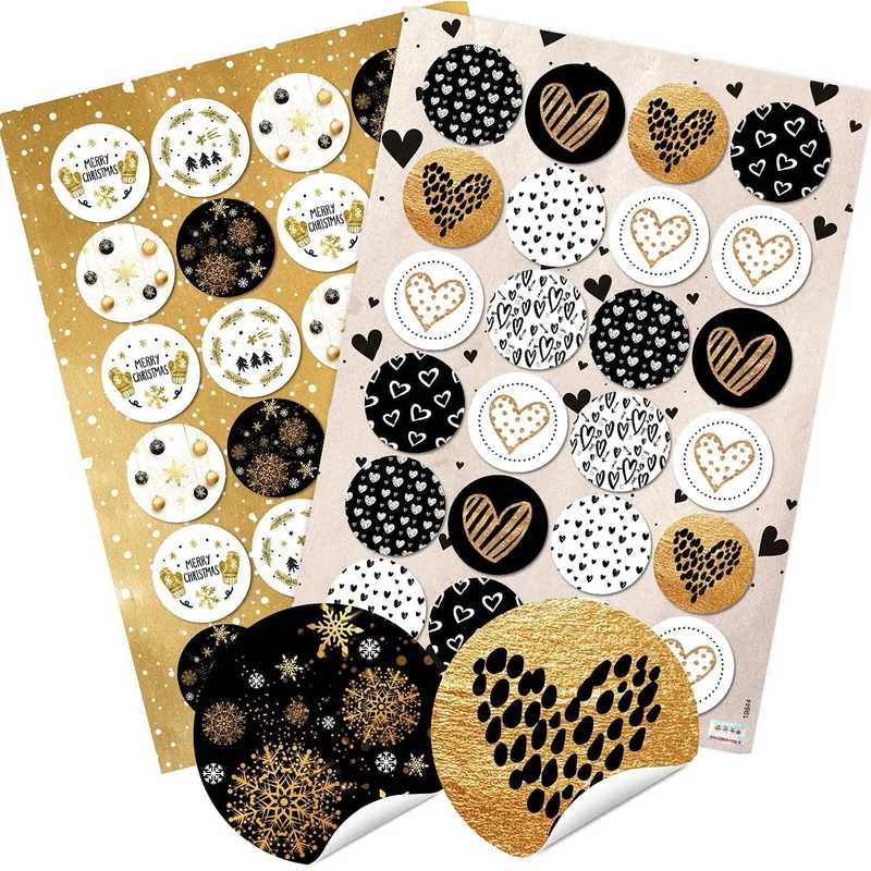 24 Weihnachtsaufkleber MERRY CHRISTMAS + 24 Herz Sticker gold schwarz weiß