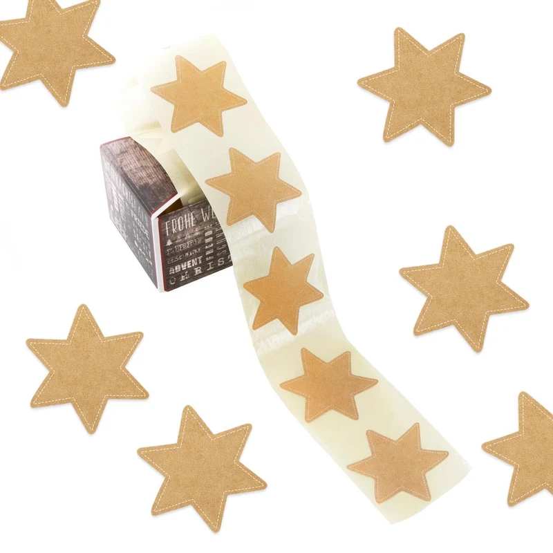 200 Sterne Aufkleber auf Rolle - in Kraftpapier-Optik braun
