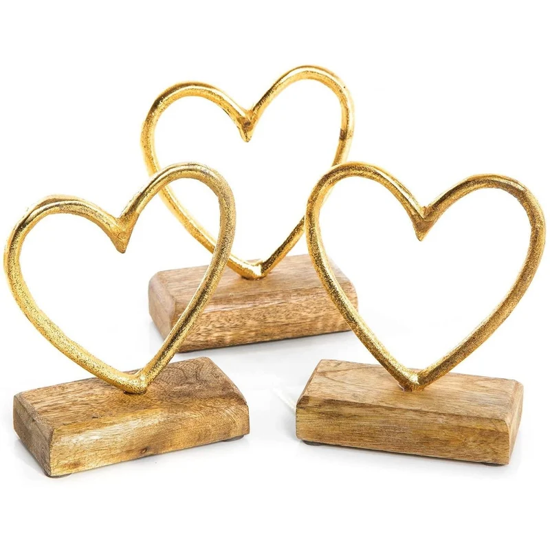Logbuch-Verlag 3 kleine Herz Figuren aus Metall & Holz Gold braun - Dekoherz Silhouette Herzfigur 13 cm