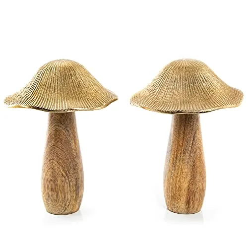 2 große Pilz Figuren aus Holz mit Metallkappe Gold braun