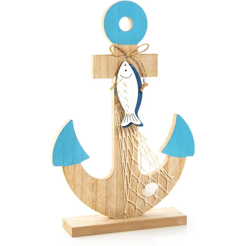 Große Ankerfigur aus Holz braun türkis 30 cm - mit Fischanhängern