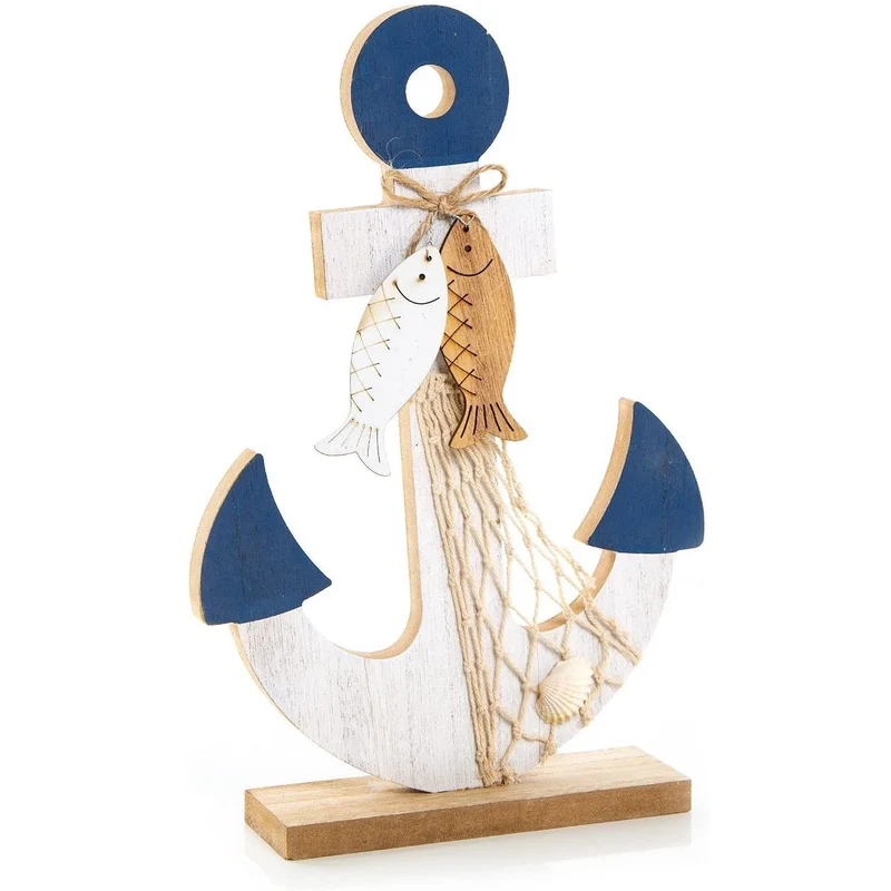 Große Anker Figur aus Holz 30 cm - weiß blau mit Fischen