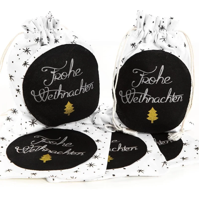 5 Geschenksäckchen schwarz weiß 20 cm FROHE WEIHNACHTEN