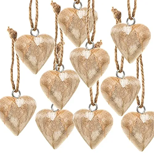 10 naturfarbene Holzherzen mit Schnur zum Aufhängen - Natur braun