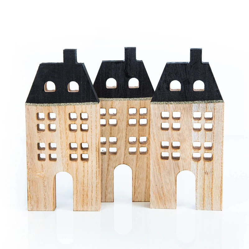 3 Weihnachtsdeko Häuser aus Holz zum Hinstellen - Holzhaus Figuren
