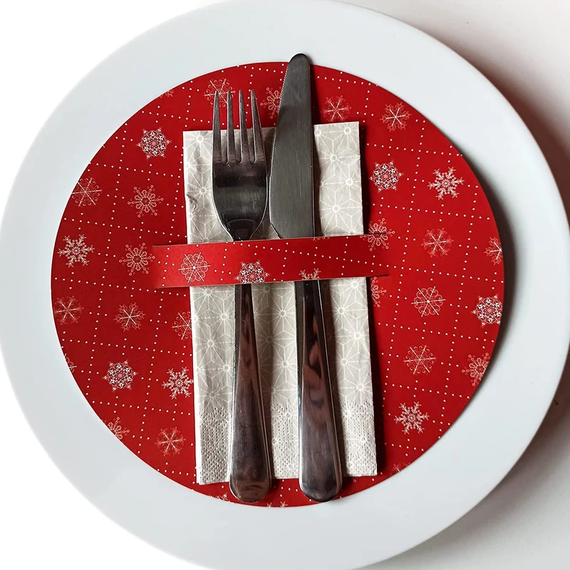 10 Teller Deckchen rot weiß rund 21 cm - weihnachtlich mit Schneeflocken
