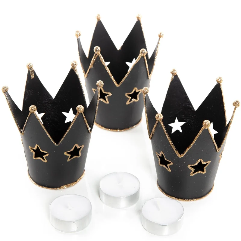 3 große Kronen Teelichthalter schwarz gold mit Glitzer - glitzernde Windlichter 11 cm