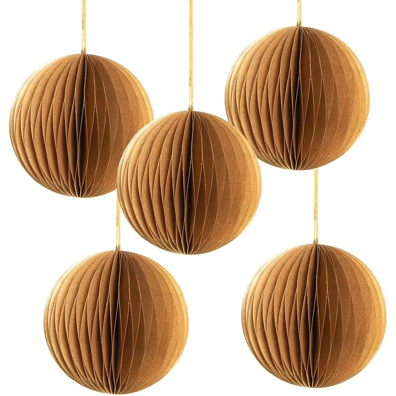 5 goldfarbene Papier Weihnachtskugeln zum Aufhängen